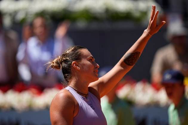 April 25, 2025, Madrid, Madrid, Spain: Aryna Sabalenka of Belarus reacts after winning against Anna Blinkova of Russia during the Mutua Madrid Open 2025, ATP, Tennis Herren Masters 1000 and WTA, Tennis Damen 1000 tennis tournament, celebrated at Caja Magica on April 25, 2025 in Madrid, Spain. Madrid Spain - ZUMAa181 20250425_zaa_a181_145 Copyright: xOscarxJ.xBarrosox