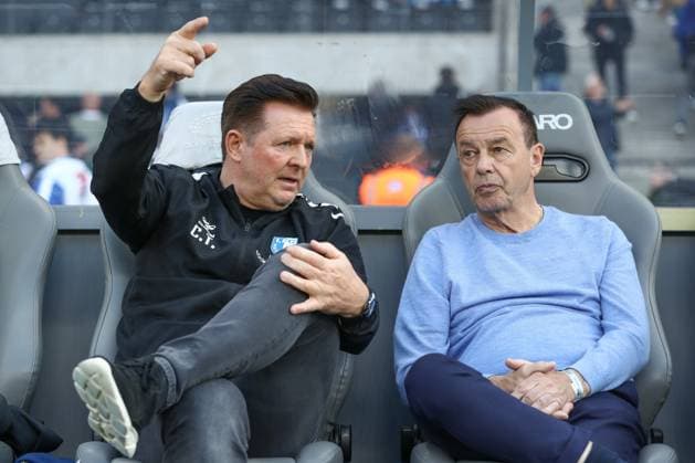 25 04 2025, xtgx, Soccer 2 Bundesliga, Hertha BSC Berlin 1 FC Magdeburg emspor, f l Christian Titz Magdeburg, coach and Otmar Schork Magdeburg, sporting director DFL DFB REGULATIONS PROHIBIT ANY USE OF PHOTOGRAPHS as IMAGE SEQUENCES and or QUASI VIDEO Berlin