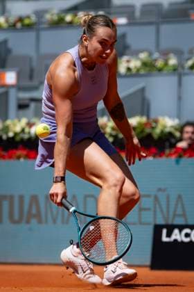 Mutua Madrid Open 2025 Aryna Sabalenka of Belarus chases the ball against Anna Blinkova during the second round match of the Mutua Madrid Open 2025 tournament celebrated at La Caja Magica on April 25, 2025 in Madrid, Spain. Madrid La Caja Magica Madrid Spain Copyright: xAlbertoxGardinx AGardin_20250425_Mutua_Madrid_Open_10212