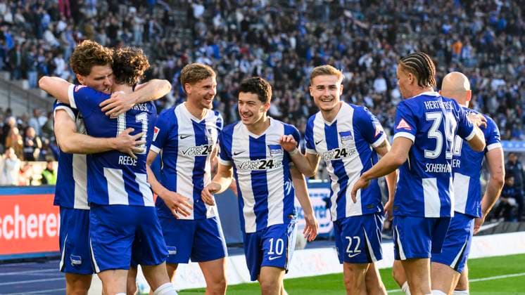 in the picture from l Linus Gechter Hertha BSC, 44 , Fabian Reese Hertha BSC, 11 , header goal by Linus Gechter Hertha BSC, 44 , goal, goal, goal, jubilation, goal celebration, joy, enthusiasm, celebrates, GER, Berlin, Football, Hertha BSC vs 1 FC Magdeburg, DFB, Bundesliga, Season 2024 2025, DFB DFL REGULATES PROHIBIT ANY USE OF PHOTOGRAPHS AS IMAGE SEQUENCES AND OR QUASI VIDEO, 25 04 2025 Copyright: HMBxMedia UwexKoch