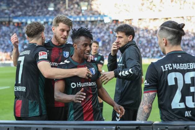 25 04 2025, xtgx, Soccer 2 Bundesliga, Hertha BSC Berlin 1 FC Magdeburg emspor, v l jubilation after the 0 1 by Lubambo Musonda Magdeburg, 19 DFL DFB REGULATIONS PROHIBIT ANY USE OF PHOTOGRAPHS as IMAGE SEQUENCES and or QUASI VIDEO Berlin