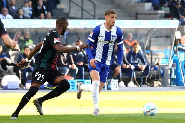 DEU, DFL, 2 FBL, Hertha BSC vs 1 FC Magdeburg, 25 04 2025, Berliner Olympiastadion, Berlin, DEU, DFL, 2 FBL, Hertha BSC vs 1 FC Magdeburg, im Bild Michael Cuisance Hertha BSC Berlin 27 , Silas Gnaka 1 FC Magdeburg 25 DFL regulations prohibit any use of Photographs as image sequences and or quasi video nordphotoxGmbHx xEngler nph00076
