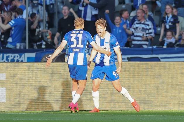 25 04 2025, xtgx, Soccer 2 Bundesliga, Hertha BSC Berlin 1 FC Magdeburg emspor, v l jubilation after the 1 1 by Linus Gechter Hertha, 44 DFL DFB REGULATIONS PROHIBIT ANY USE OF PHOTOGRAPHS as IMAGE SEQUENCES and or QUASI VIDEO Berlin