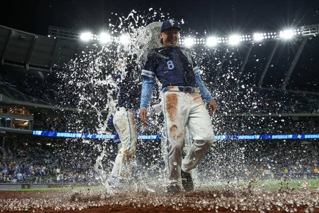 MLB, Baseball Herren, USA 2025: Astros Vs Royals APR 25 April 25, 2025: Kansas City Royals left fielder Drew Waters (8) reacts after being doused by Kansas City Royals shortstop Bobby Witt Jr. (7) and Kansas City Royals center fielder Kyle Isbel (28) after their 2-0 win over the Houston Astros at Kauffman Stadium in Kansas City, MO. David Smith CSM (Credit Image: Â David Smith Cal Media) Kansas City Mo United States of America EDITORIAL USE ONLY Copyright: xx ZUMA-20250425_zma_c04_044.jpg DavidxSmithx csmphotothree378202