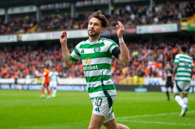 26th April 2025; Tannadice Park, Dundee, Scotland; Scottish Premiership Football, Dundee United versus Celtic; Nicolas Kuhn of Celtic celebrates in the 39th minute after he scored to make it 2-0  ActionPlus12779059 VagelisxGeorgariou Content restricted for UK based newspaper
