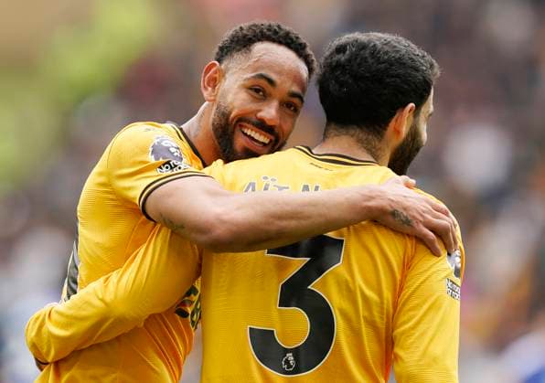 Wolverhampton, England, 26th April 2025. Matheus Cunha of Wolverhampton Wanderers (L) celebrates after scoring the opening goal during the Wolverhampton Wanderers vs Leicester City Premier League match at Molineux, Wolverhampton. Picture credit should read: Andrew Yates Sportimage EDITORIAL USE ONLY. No use with unauthorised audio, video, data, fixture lists, club league logos or live services. Online in-match use limited to 120 images, no video emulation. No use in betting, games or single club league player publications. SPI_003_AY_WOLVES_LEICESTER SPI-3887-0003