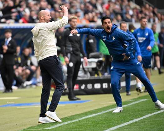 Coach Coach Christian Ilzer TSG 1899 Hoffenheim on the sidelines angry gesture gesture Co Coach Coach Benjamin Huebner TSG 1899 Hoffenheim TSG 1899 Hoffenheim vs Borussia Dortmund BVB 26 04 2025 DFL REGULATIONS PROHIBIT ANY USE OF PHOTOGRAPHS AS IMAGE SEQUENCES AND OR QUASI VIDEO TSG 1899 Hoffenheim vs Borussia Dortmund BVB