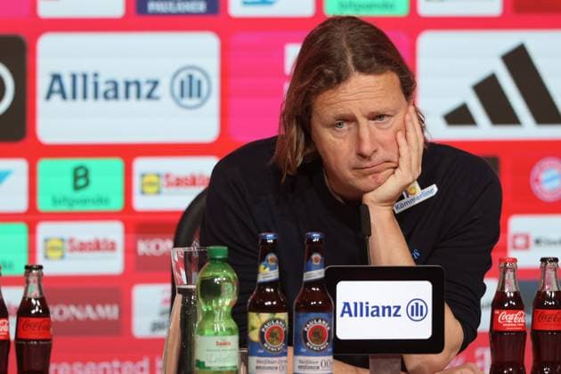 Coach Bo Henriksen Mainz Portraet, Portrait, Press conference, Football 1 BL FC Bayern Munich 1 FSV Mainz 05 26 04 2025 Allianz Arena PHOTO Mladen Lackovic LakoPress