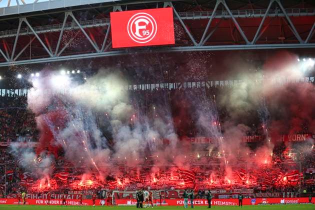 Fans of Fortuna Duesseldorf using pyrotechnics during the 2 Bundesliga match between Fortuna Düsseldorf and 1 FC Nürnberg at Merkur Spiel Arena on April 26, 2025 in Düsseldorf, Germany Photo by Oliver Kaelke DeFodi Images Supporters of Fortuna Duesseldorf use pyrotechnics during the 2 Bundesliga match between Fortuna Düsseldorf and 1 FC Nürnberg at Merkur Spiel Arena on April 26, 2025 in Düsseldorf, Germany Photo by Oliver Kaelke DeFodi Images DFB DFL REGULATIONS PROHIBIT ANY USE OF PHOTOGRAPHS AS IMAGE SEQUENCES AND OR QUASI VIDEO Photo by Oliver Kaelke DeFodi Images