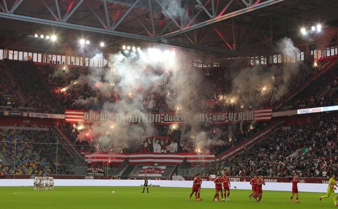 26 04 2024 Soccer Season 2024 2025 2 Soccer Bundesliga 31 Matchday Fortuna Düsseldorf 95 F95 1 FC Nürnberg FCN Club Sportfoto Zink DaMa xdaxmax DFL regulations prohibit any use of photographs as image sequences and or quasi video only for editorial use Symbolbild Symbolfoto Feature Impression Choreo Choreografie der Clubfan Clubfans FCN Fans Fans Pyrotechnik Pyro Bengalfackel Bengalfackeln Rauch