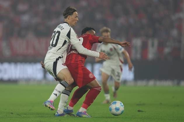 Caspar Jander 1 FC Nürnberg and Mayron van Brederode Fortuna Duesseldorf battle for the ball during the 2 Bundesliga match between Fortuna Düsseldorf and 1 FC Nürnberg at Merkur Spiel Arena on April 26, 2025 in Düsseldorf, Germany, Germany Photo by Oliver Kaelke DeFodi Images Caspar Jander 1 FC Nürnberg and Mayron van Brederode Fortuna Duesseldorf battle for the ball during the 2 Bundesliga match between Fortuna Düsseldorf and 1 FC Nürnberg at Merkur Spiel Arena on April 26, 2025 in Düsseldorf, Germany Photo by Oliver Kaelke DeFodi Images DFB DFL REGULATIONS PROHIBIT ANY USE OF PHOTOGRAPHS AS IMAGE SEQUENCES AND OR QUASI VIDEO Photo by Oliver Kaelke DeFodi Images