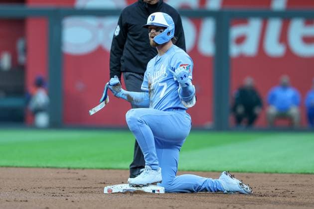 MLB, Baseball Herren, USA 2025: Astros Vs Royals APR 26 April 26, 2025: Kansas City Royals shortstop Bobby Witt Jr. (7) reacts to his first inning double against the Houston Astros at Kauffman Stadium in Kansas City, MO. David Smith CSM (Credit Image: Â David Smith Cal Media) Kansas City Mo United States of America EDITORIAL USE ONLY Copyright: xx ZUMA-20250426_zma_c04_137.jpg DavidxSmithx csmphotothree378646