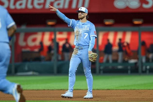 MLB, Baseball Herren, USA 2025: Astros Vs Royals APR 26 April 26, 2025: Kansas City Royals shortstop Bobby Witt Jr. (7) reacts to the Royals 2-0 win over the Astros at Kauffman Stadium in Kansas City, MO. David Smith CSM (Credit Image: Â David Smith Cal Media) Kansas City Mo United States of America EDITORIAL USE ONLY Copyright: xx ZUMA-20250426_zma_c04_387.jpg DavidxSmithx csmphotothree378911