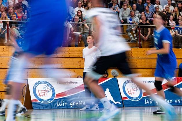 26 04 2025, GER, Volleyball, 2 BL Maenner Sued, Saison 2024 2025, Blue Volleys Gotha Ceratonia Volleys Eltmann Robert Werner Blue Volleys Gotha 99867 Gotha Sporthalle Sportanlage Ernesti Thüringen Germany