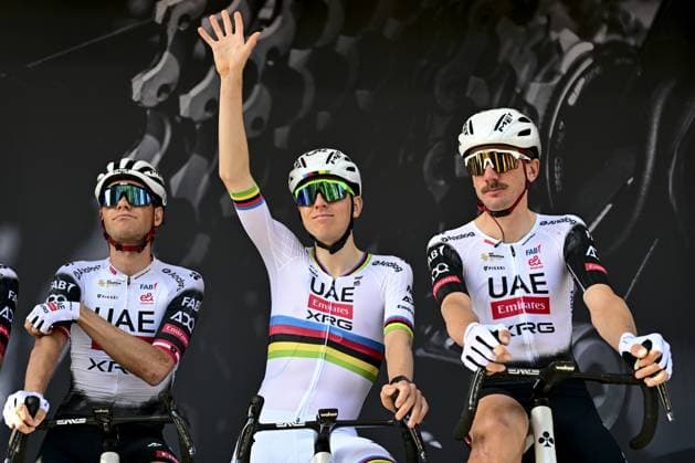 Slovenian Tadej Pogacar of UAE Team Emirates and American Brandon McNulty of UAE Team Emirates pictured at the start of the men elite race of the Liege-Bastogne-Liege one day cycling event, 252km from Liege, over Bastogne to Liege, Sunday 27 April 2025. MAARTENxSTRAETEMANS  x121970600x