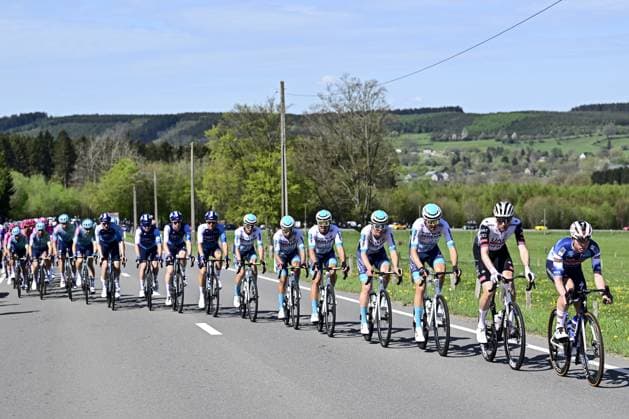 Belgian Gil Gelders of Soudal Quick-Step pictured leading the pack of riders during the men elite race of the Liege-Bastogne-Liege one day cycling event, 252km from Liege, over Bastogne to Liege, Sunday 27 April 2025. MAARTENxSTRAETEMANS  x121975372x