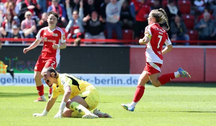 Lisa Heiseler celebrates after scoring 4 1 Sport Football Soccer 2 Bundesliga Women Season 2024 2025 27 04 2025 1 FC Union Berlin vs Borussia Mönchengladbach BMG DFL regulations prohibit any use of photographs as image sequences and or quasi video