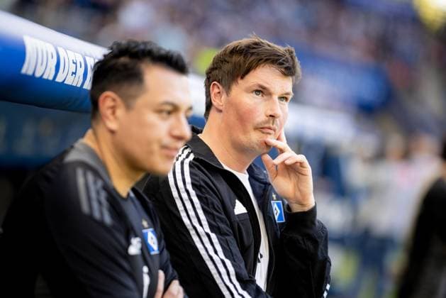 Hamburg, April 27, 2025 Football, 2 Bundesliga 2024 25, Hamburger SV Karlsruher SC Merlin Polzin Hamburger SV, Trainer DFL REGULATIONS PROHIBIT ANY USE OF PHOTOGRAPHS AS IMAGE SEQUENCES AND OR QUASI VIDEO