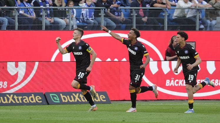 Cheer 1 2 by Marvin Wanitzek Karlsruher SC , Bambase Conte Karlsruher SC and Louey Ben Farhat Karlsruher SC are happy Football, Men, Season 2024 2025, 2 BL, Volksparkstadion, Hamburger SV vs Karlsruher SC DFL REGULATIONS PROHIBIT ANY USE OF PHOTOGRAPHS AS IMAGE SEQUENCES AND OR QUASI VIDEO