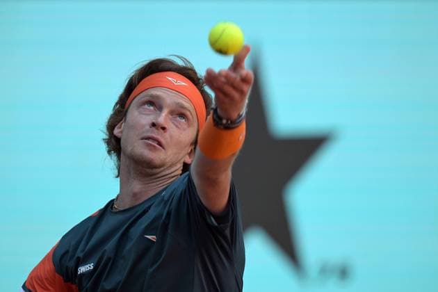 April 27, 2025, Madrid, Madrid, Spain: Russia s ANDREY RUBLEV plays against Kazakstan s ALEXANDER BUBLIK during their 2025 ATP, Tennis Herren Tour Madrid Open tennis tournament third round singles match at the Caja Magica. Alexander Bublik won 6-4,0-6, 6-4. Madrid Spain - ZUMAd308 20250427_zsp_d308_015 Copyright: xJuanxCarlosxLucasx