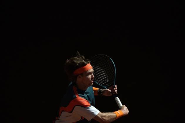 April 27, 2025, Madrid, Madrid, Spain: Russia s ANDREY RUBLEV plays against Kazakstan s ALEXANDER BUBLIK during their 2025 ATP, Tennis Herren Tour Madrid Open tennis tournament third round singles match at the Caja Magica. Alexander Bublik won 6-4,0-6, 6-4. Madrid Spain - ZUMAd308 20250427_zsp_d308_019 Copyright: xJuanxCarlosxLucasx