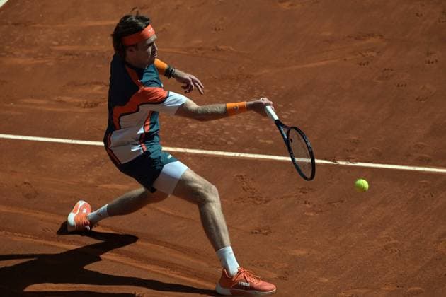 April 27, 2025, Madrid, Madrid, Spain: Russia s ANDREY RUBLEV plays against Kazakstan s ALEXANDER BUBLIK during their 2025 ATP, Tennis Herren Tour Madrid Open tennis tournament third round singles match at the Caja Magica. Alexander Bublik won 6-4,0-6, 6-4. Madrid Spain - ZUMAd308 20250427_zsp_d308_022 Copyright: xJuanxCarlosxLucasx