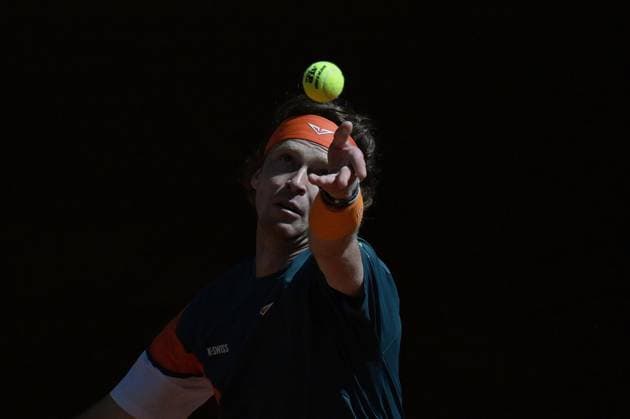 April 27, 2025, Madrid, Madrid, Spain: Russia s ANDREY RUBLEV plays against Kazakstan s ALEXANDER BUBLIK during their 2025 ATP, Tennis Herren Tour Madrid Open tennis tournament third round singles match at the Caja Magica. Alexander Bublik won 6-4,0-6, 6-4. Madrid Spain - ZUMAd308 20250427_zsp_d308_026 Copyright: xJuanxCarlosxLucasx