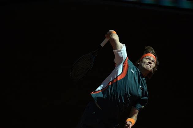April 27, 2025, Madrid, Madrid, Spain: Russia s ANDREY RUBLEV plays against Kazakstan s ALEXANDER BUBLIK during their 2025 ATP, Tennis Herren Tour Madrid Open tennis tournament third round singles match at the Caja Magica. Alexander Bublik won 6-4,0-6, 6-4. Madrid Spain - ZUMAd308 20250427_zsp_d308_027 Copyright: xJuanxCarlosxLucasx