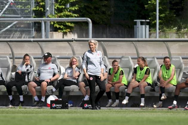 27 04 2025, Women, Soccer, Season 2024 2025, 2 Women Bundesliga, 23 Matchday Eintracht Frankfurt II SC Sand Friederike Kromp Head Coach, Eintracht Frankfurt II Frankfurt am Main Stadion am Brentanobad Hessen Germany