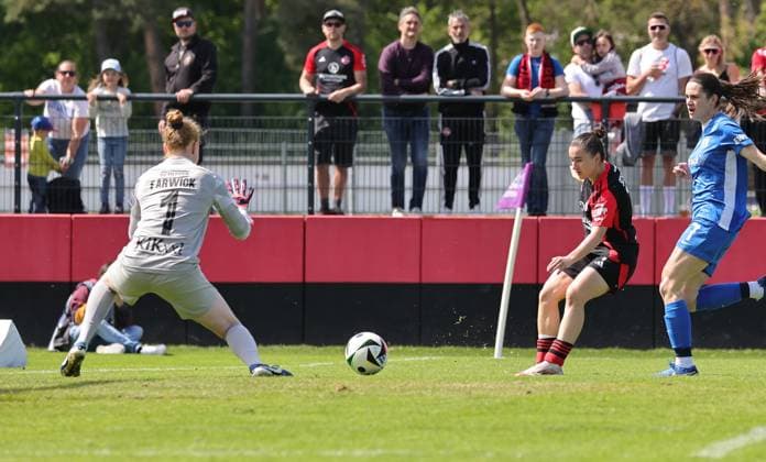 27 04 2025 Soccer Season 2024 2025 2 Women Soccer Bundesliga 23 Matchday 1 FC Nürnberg FCN Club Clubfrauen SV Meppen Sportfoto Zink DaMa xdaxmax Goal Goal Shot to 1 0 Goalscorer Marina Scholz 7, 1 FC Nürnberg FCN gg Thea Farwick 1, SV Meppen