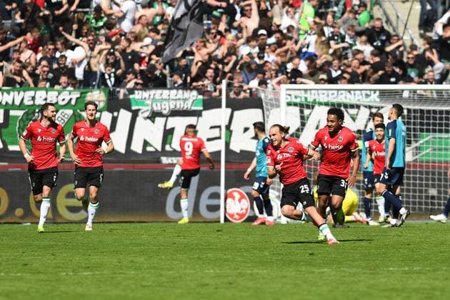 Lars Gindorf Hannover 96 celebrates after scoring his team™s first goal during the 2 Bundesliga match between Hannover 96 and 1 FC Köln at the Heinz von Heiden Arena on April 27, 2025 in Hannover, Germany Germany Photo by Ralf Treese DeFodi Images Lars Gindorf Hannover 96 celebrates after scoring his team™s first goal during the 2 Bundesliga match between Hannover 96 and 1 FC Köln at Heinz von Heiden Arena on April 27, 2025 in Hanover, Germany Photo by Ralf Treese DeFodi Images DFB DFL REGULATIONS PROHIBIT ANY USE OF PHOTOGRAPHS AS IMAGE SEQUENCES AND OR QUASI VIDEO Photo by Ralf Treese DeFodi Images