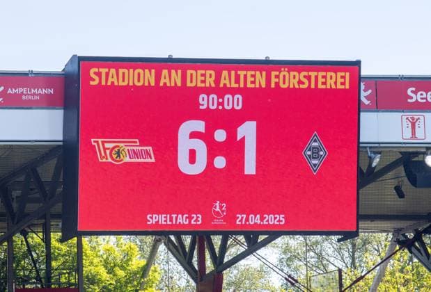 Soccer, Women, Season 2024 2025, 2 Bundesliga 23 Matchday , 1 FC Union Berlin Borussia Mönchengladbach, Scoreboard with 6 1 Final Score, 27 04 2025, Copyright: xSebastianxRäppold MatthiasxKochx