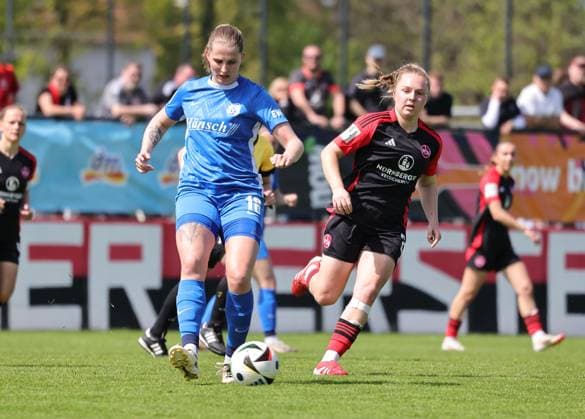 27 04 2025 Soccer Season 2024 2025 2 Women Soccer Bundesliga 23 Matchday 1 FC Nürnberg FCN Club Clubfrauen SV Meppen Sportfoto Zink DaMa xdaxmax Lara Hohm 16, SV Meppen Madeleine Steck 28, 1 FC Nürnberg FCN
