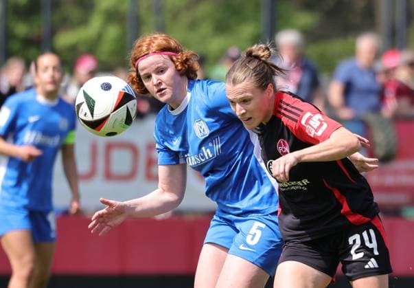 27 04 2025 Soccer Season 2024 2025 2 Women Soccer Bundesliga 23 Matchday 1 FC Nürnberg FCN Club Clubfrauen SV Meppen Sportfoto Zink DaMa xdaxmax Lena Maria Göppel Goeppel 5, SV Meppen Nastassja Lein 24, 1 FC Nürnberg FCN
