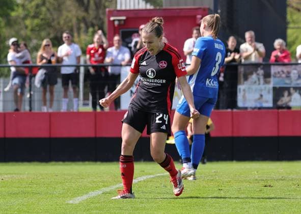 27 04 2025 Soccer Season 2024 2025 2 Women Soccer Bundesliga 23 Matchday 1 FC Nürnberg FCN Club Clubfrauen SV Meppen Sportfoto Zink DaMa xdaxmax Jubel Freude Torjubel nach Tor zum 2 0 Nastassja Lein 24, 1 FC Nürnberg FCN jubelt freue sich Torschütze Nastassja Lein 24, 1 FC Nürnberg FCN