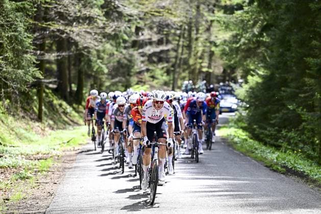 Slovenian Domen Novak of UAE Team Emirates pictured in action during the men elite race of the Liege-Bastogne-Liege one day cycling event, 252km from Liege, over Bastogne to Liege, Sunday 27 April 2025. MAARTENxSTRAETEMANS  x121989016x