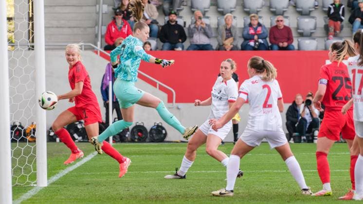 Rafaela Borggräfe 12, SC Freiburg in the background, Pernille Harder 21, FC Bayern Munich goal for 2 1 at the match FC Bayern Munich v SC Freiburg, Football, Women, Google Pixel Womens Bundesliga, 2024 2025, Matchday 20 on 27 04 2025 in Munich, FC Bayern Campus DFL and DFB regulations prohibit any use of photographs as image sequences and or quasi video Bayern Germany