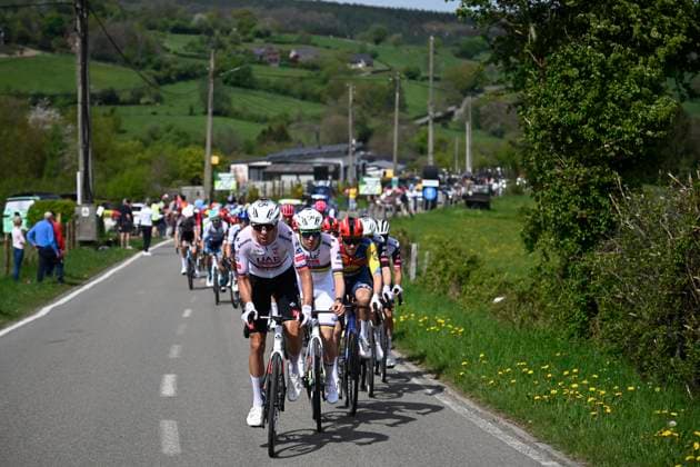 Liege Bastogne Liege 2025 Cycling Race LIEGE, BELGIUM - APRIL 27 : Novak Domen (SLO) of UAE Team Emirates - XRG leading the peloton, Pogacar Tadej (SLO) of UAE Team Emirates - XRG in action during the 111th edition of Liege Bastogne Liege an UCI World Tour 1.UWT cycling race for Men Elite of 252 km with start and finish in Liege on April 27, 2025 in Liege, Belgium, 27-04-25 ( Motordriver Guy De Vuyst - Liege Belgium  Copyright: xPeterxDexVoechtx