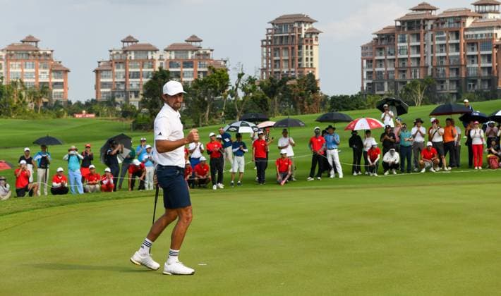 (250427) -- HAIKOU, April 27, 2025 -- Marco Penge of England celebrates after the round 4 at the Hainan Classic golf tournament of the DP World Tour in Haikou, south China s Hainan Province, April 27, 2025. ) (SP)CHINA-HAIKOU-GOLF-DP WORLD TOUR-HAINAN CLASSIC-ROUND 4 (CN) YangxGuanyu 