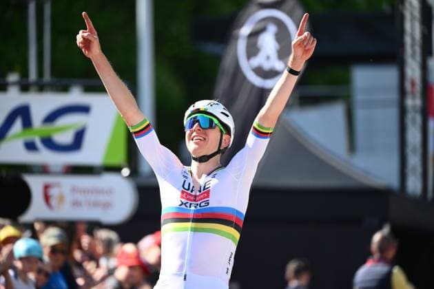 Liege Bastogne Liege 2025 Cycling Race LIEGE, BELGIUM - APRIL 27 : Pogacar Tadej (SLO) of UAE Team Emirates - XRG celebrating his victory during the 111th edition of Liege Bastogne Liege an UCI World Tour 1.UWT cycling race for Men Elite of 252 km with start and finish in Liege on April 27, 2025 in Liege, Belgium, 27 04 2025 Liege Belgium  Copyright: xVincentxKalutx