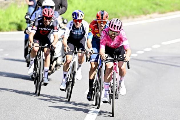 French Julian Alaphilippe of Tudor Pro Cycling Team, British Thomas Pidcock of Q36.5 Pro Cycling Team and Irish Ben Healy of EF Education-EasyPost pictured in action during the men elite race of the Liege-Bastogne-Liege one day cycling event, 252km from Liege, over Bastogne to Liege, Sunday 27 April 2025. MAARTENxSTRAETEMANS  x121993559x
