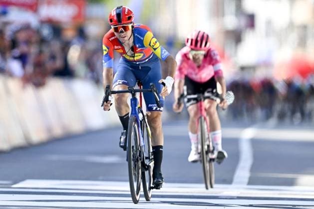 Italian Giulio Ciccone and Irish Ben Healy of EF Education-EasyPost pictured in action during the men elite race of the Liege-Bastogne-Liege one day cycling event, 252km from Liege, over Bastogne to Liege, Sunday 27 April 2025. ERICxLALMAND  x121993821x
