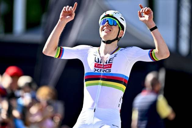 Slovenian Tadej Pogacar of UAE Team Emirates celebrates after winning the men elite race of the Liege-Bastogne-Liege one day cycling event, 252km from Liege, over Bastogne to Liege, Sunday 27 April 2025. ERICxLALMAND  x121994067x