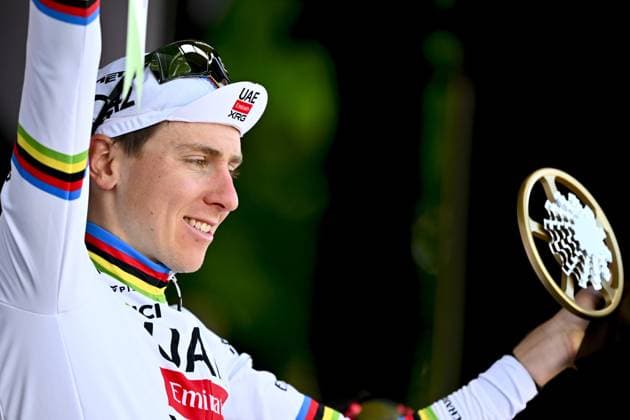 Slovenian Tadej Pogacar of UAE Team Emirates pictured on the podium after the men elite race of the Liege-Bastogne-Liege one day cycling event, 252km from Liege, over Bastogne to Liege, Sunday 27 April 2025. ERICxLALMAND  x121996190x
