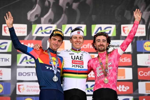 Liege Bastogne Liege 2025 Cycling Race LIEGE, BELGIUM - APRIL 27 : Ciccone Giulio (ITA) of Lidl - Trek, Pogacar Tadej (SLO) of UAE Team Emirates - XRG, Healy Ben (IRL) of EF Education - EasyPost on the podium during the 111th edition of Liege Bastogne Liege an UCI World Tour 1.UWT cycling race for Men Elite of 252 km with start and finish in Liege on April 27, 2025 in Liege, Belgium, 27-04-25 ( Motordriver Guy De Vuyst - Liege Belgium  Copyright: xPeterxDexVoechtx