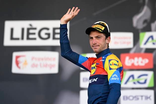 Liege Bastogne Liege 2025 Cycling Race LIEGE, BELGIUM - APRIL 27 : Ciccone Giulio (ITA) of Lidl - Trek on the podium during the 111th edition of Liege Bastogne Liege an UCI World Tour 1.UWT cycling race for Men Elite of 252 km with start and finish in Liege on April 27, 2025 in Liege, Belgium, 27-04-25 ( Motordriver Guy De Vuyst - Liege Belgium  Copyright: xPeterxDexVoechtx