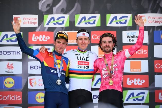 Liege Bastogne Liege 2025 Cycling Race LIEGE, BELGIUM - APRIL 27 : Pogacar Tadej (SLO) of UAE Team Emirates - XRG, Ciccone Giulio (ITA) of Lidl - Trek, Healy Ben (IRL) of EF Education - EasyPost on the podium during the 111th edition of Liege Bastogne Liege an UCI World Tour 1.UWT cycling race for Men Elite of 252 km with start and finish in Liege on April 27, 2025 in Liege, Belgium, 27 04 2025 Liege Belgium  Copyright: xVincentxKalutx