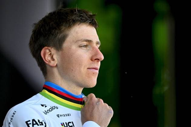 Slovenian Tadej Pogacar of UAE Team Emirates pictured on the podium after the men elite race of the Liege-Bastogne-Liege one day cycling event, 252km from Liege, over Bastogne to Liege, Sunday 27 April 2025. ERICxLALMAND  x121996899x