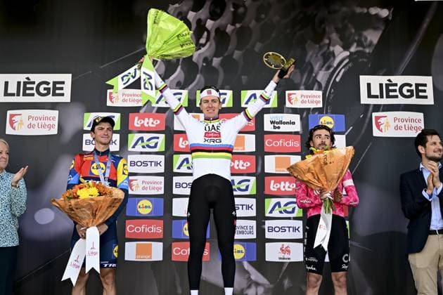 Italian Giulio Ciccone, Slovenian Tadej Pogacar of UAE Team Emirates and Irish Ben Healy of EF Education-EasyPost pictured on the podium after the men elite race of the Liege-Bastogne-Liege one day cycling event, 252km from Liege, over Bastogne to Liege, Sunday 27 April 2025. MAARTENxSTRAETEMANS  x121997472x