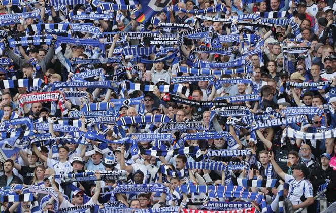 HSV Fans with Scarves Football, Men, Season 2024 2025, 2 BL, Volksparkstadion, Hamburger SV vs Karlsruher SC, 1 2 DFL REGULATIONS PROHIBIT ANY USE OF PHOTOGRAPHS AS IMAGE SEQUENCES AND OR QUASI VIDEO